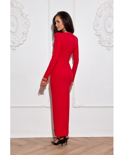 Rochii mulate, Rochie rosie mulata lunga cu maneca lunga crapata pe picior Eloria - jojofashion.ro