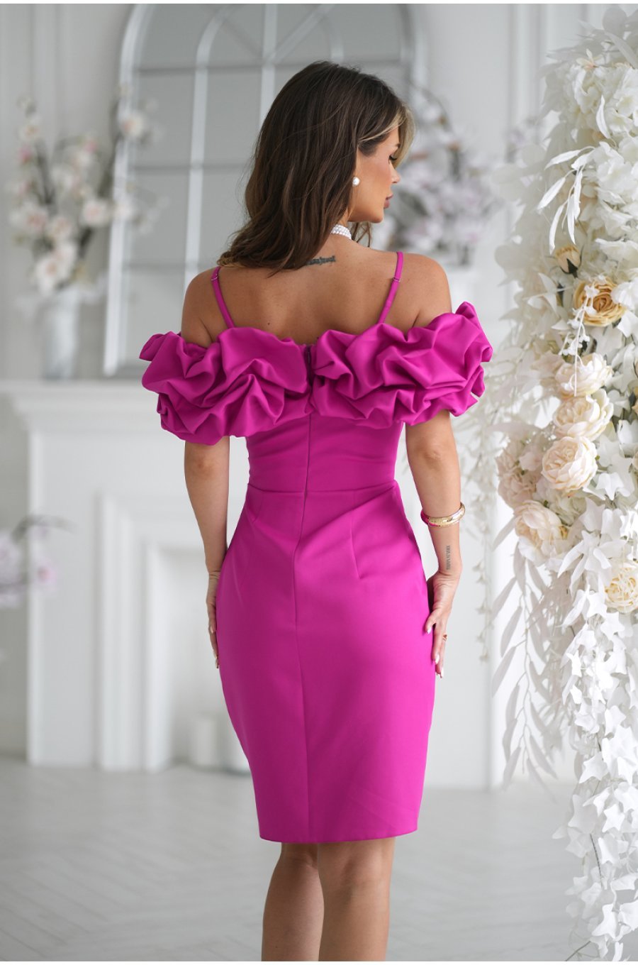 Rochie scurta fucsia mulata cu maneca incretita 3D Serena 2 - jojofashion.ro