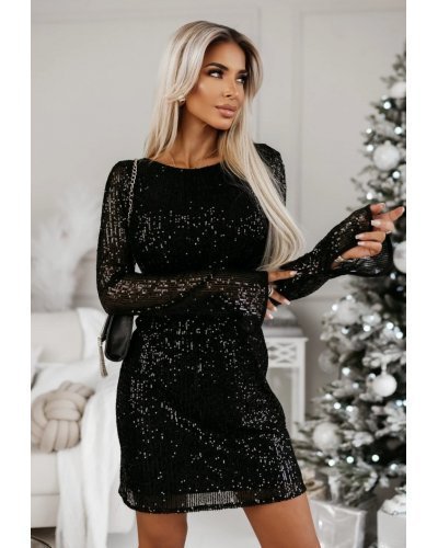 Rochie scurta neagra mulata din paiete cu maneca lunga Twinkle Rochii scurte, Rochie scurta neagra mulata din paiete cu maneca lunga Twinkle - jojofashion.ro