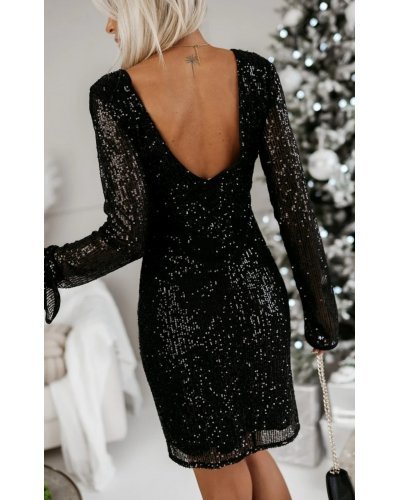 Rochie scurta neagra mulata din paiete cu maneca lunga Twinkle Rochii scurte, Rochie scurta neagra mulata din paiete cu maneca lunga Twinkle - jojofashion.ro