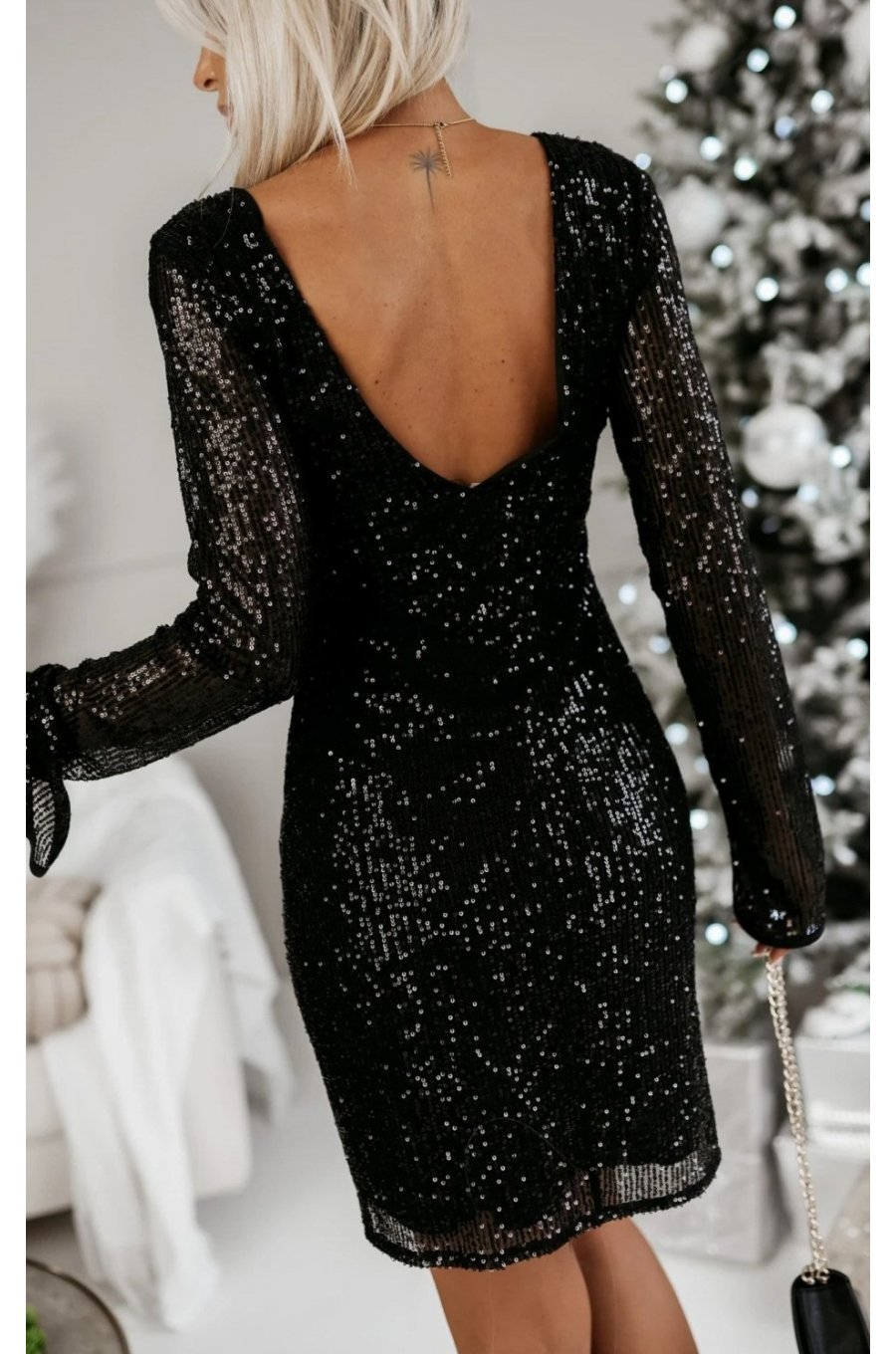 Rochie scurta neagra mulata din paiete cu maneca lunga Twinkle 2 - jojofashion.ro