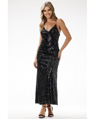 Rochie neagra din paiete tip furou lunga mulata Christa Rochii lungi, Rochie neagra din paiete tip furou lunga mulata Christa - jojofashion.ro