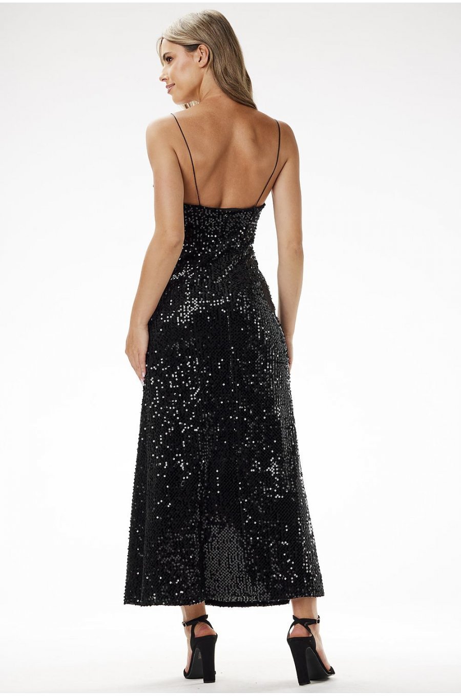 Rochie neagra din paiete tip furou lunga mulata Christa 3 - jojofashion.ro