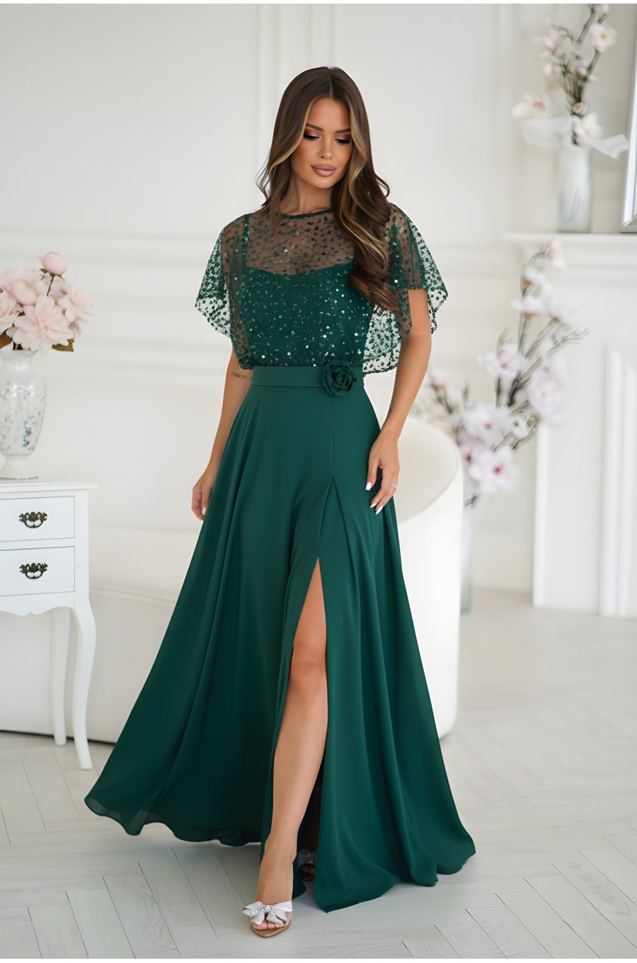 Rochie de nunta lunga verde smarald cu paiete pe bust vaporoasa Azaliya 1 - jojofashion.ro