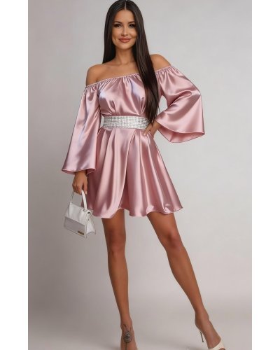 Rochii vaporoase, Rochie scurta din satin roz baby doll vaporoasa Merida  - jojofashion.ro