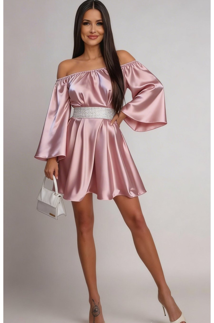 Rochie scurta din satin roz baby doll vaporoasa Merida  1 - jojofashion.ro