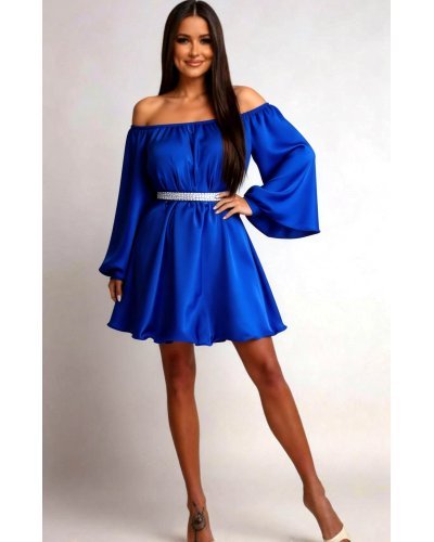 Rochii vaporoase, Rochie scurta albastra din satin babydoll vaporoasa Merida  - jojofashion.ro