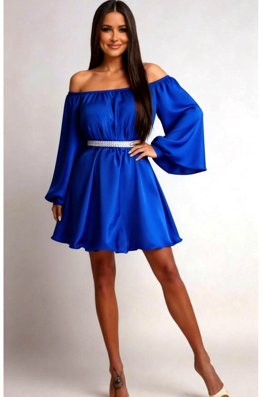 Rochie scurta albastra din satin babydoll vaporoasa Merida  1 - jojofashion.ro