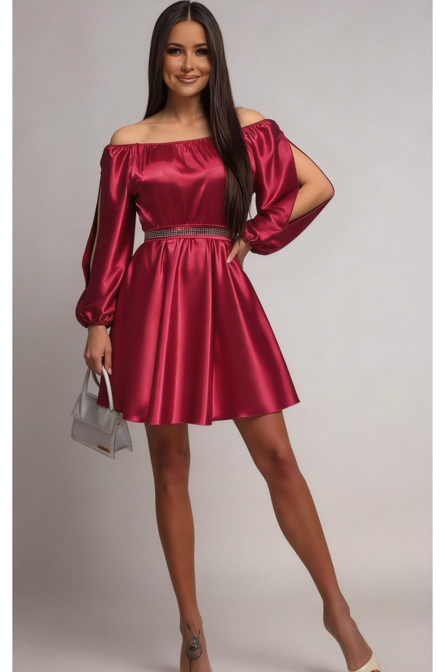 Rochie scurta rosie din satin babydoll cu umerii goi Calirroe  1 - jojofashion.ro