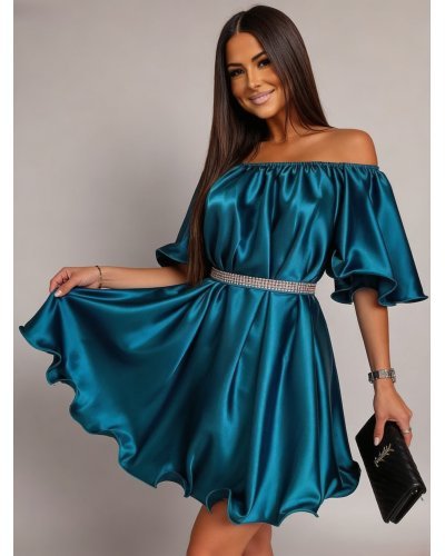 Rochii, Rochie baby doll scurta, din satin, turcoaz, cu maneca scurta, Jimena - jojofashion.ro