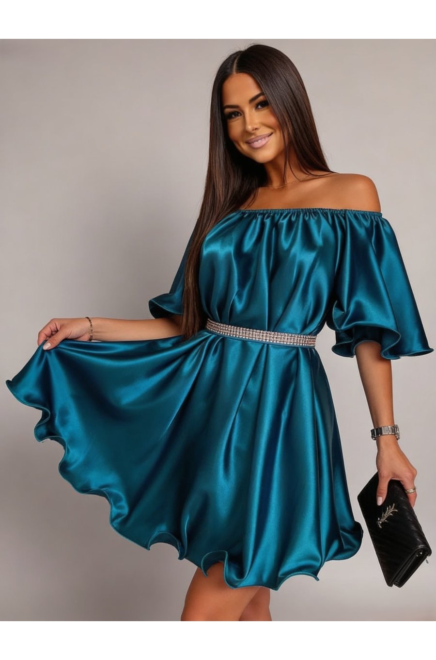 Rochie baby doll scurta, din satin, turcoaz, cu maneca scurta, Jimena 1 - jojofashion.ro