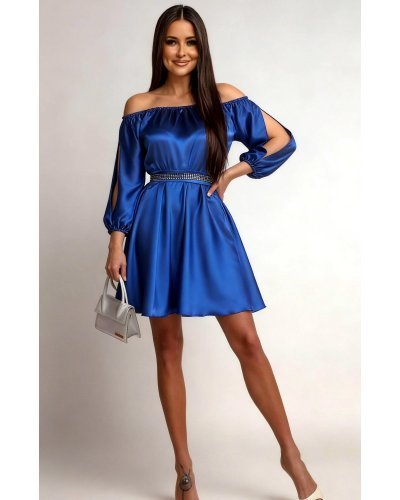 Rochii vaporoase, Rochie scurta din satin albastra babydoll cu umerii goi Calirroe  - jojofashion.ro