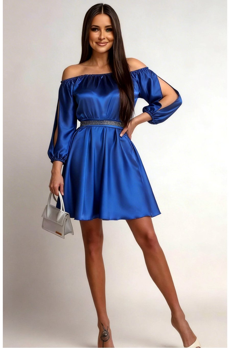 Rochie scurta din satin albastra babydoll cu umerii goi Calirroe  1 - jojofashion.ro