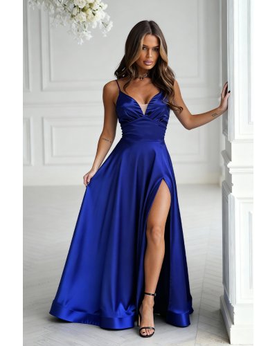 Rochii de Ocazie Elegante, Rochie din satin albastra lunga cu bust tip corset vaporoasa Saphira - jojofashion.ro