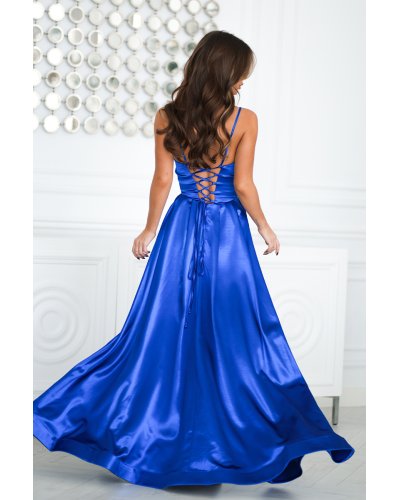 Rochii, Rochie din satin albastra lunga cu bust tip corset vaporoasa Saphira - jojofashion.ro