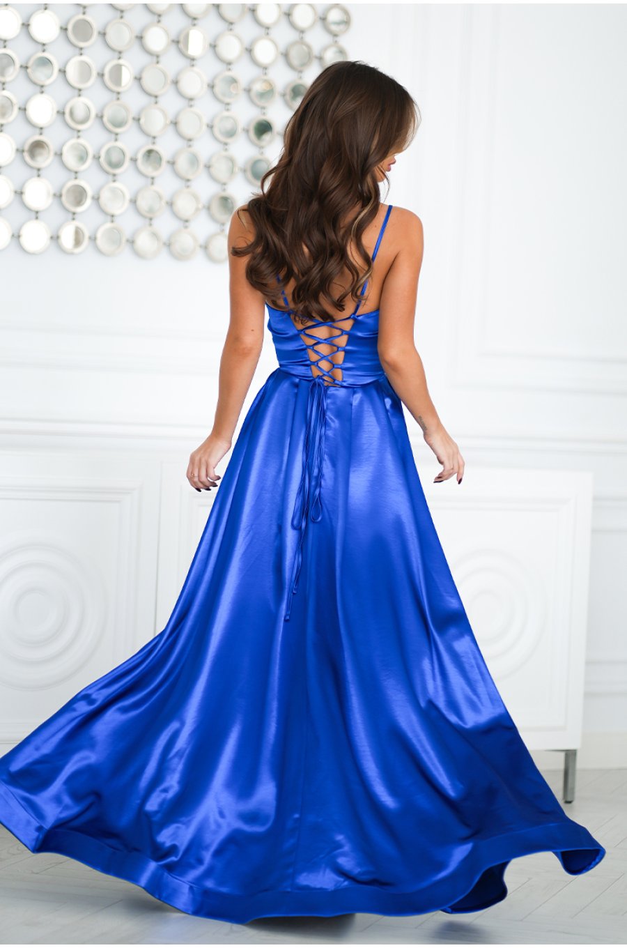 Rochie din satin albastra lunga cu bust tip corset vaporoasa Saphira 2 - jojofashion.ro