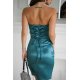 Rochie din satin scurta verde mulata cu umeri goi si trandafir pe bust GlamyLuxe 3 - jojofashion.ro