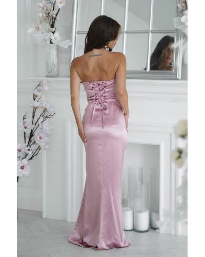 Rochie eleganta lunga din satin roz pudra mulata cu umerii goi si trandafir pe bust GlamourB Rochii, Rochie eleganta lunga din satin roz pudra mulata cu umerii goi si trandafir pe bust GlamourB - jojofashion.ro