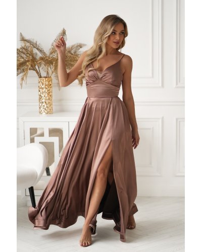 Rochii de nasa, Rochie eleganta lunga satin cappuccino cu bust tip corset vaporoasa Saphira - jojofashion.ro