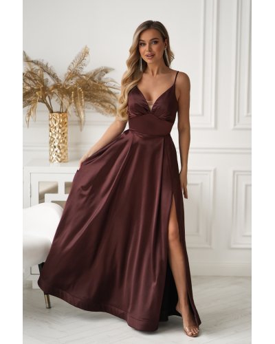 Rochii vaporoase, Rochie eleganta lunga satin maro ciocolatiu cu bust tip corset vaporoasa Saphira - jojofashion.ro