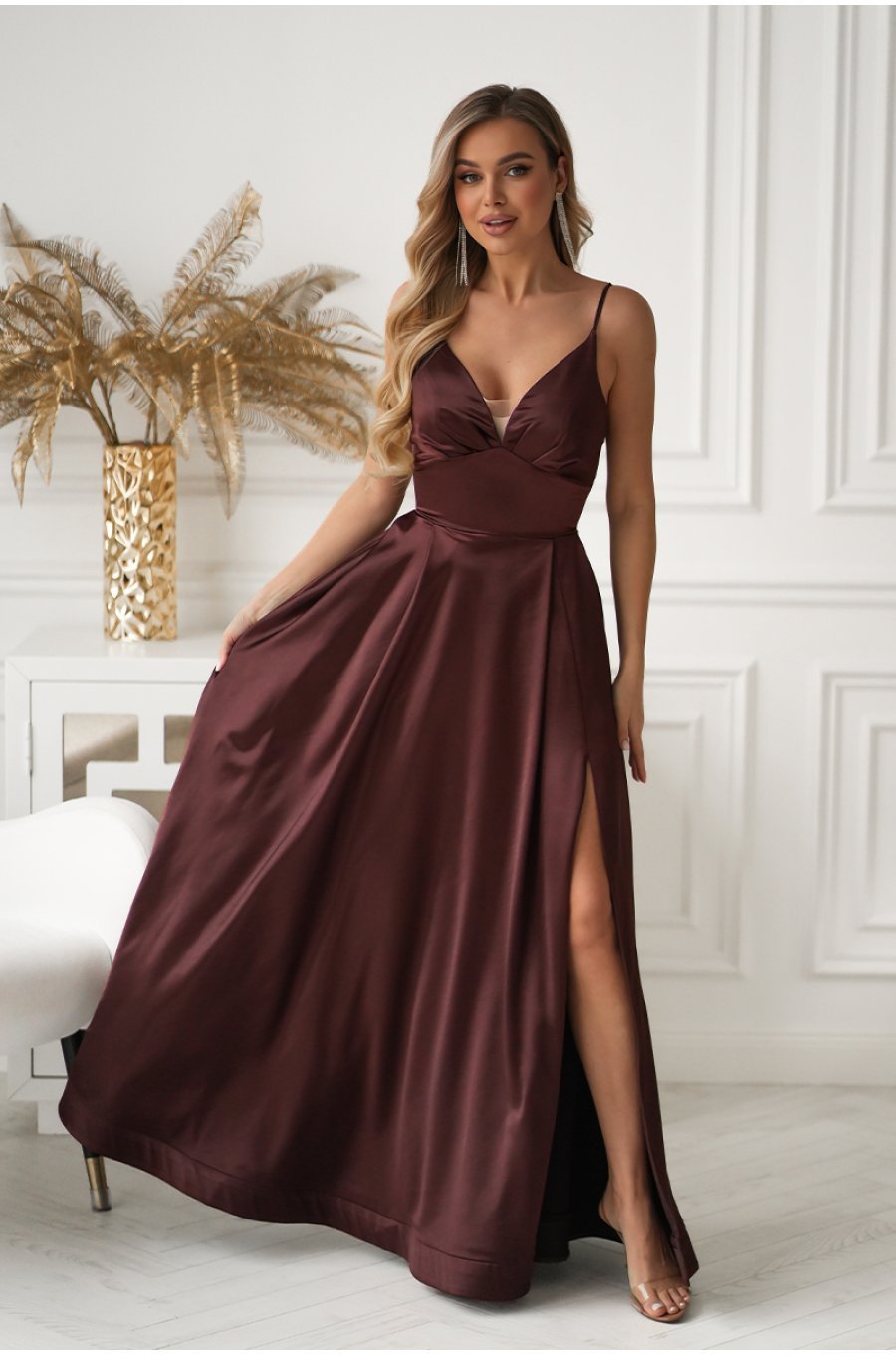 Rochie eleganta lunga satin maro ciocolatiu cu bust tip corset vaporoasa Saphira 1 - jojofashion.ro