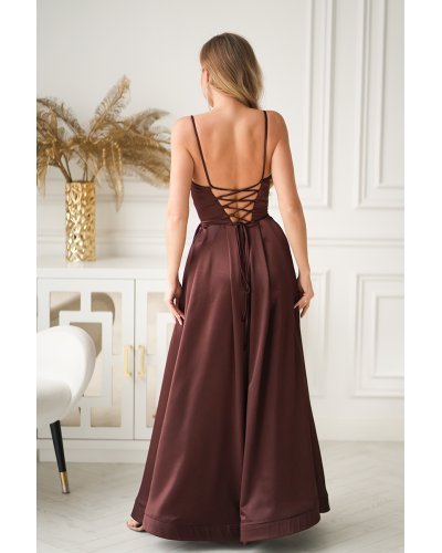 Rochii vaporoase, Rochie eleganta lunga satin maro ciocolatiu cu bust tip corset vaporoasa Saphira - jojofashion.ro