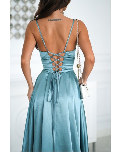Rochii marimi mari, Rochie eleganta lunga satin menta cu bust tip corset vaporoasa Saphira - jojofashion.ro