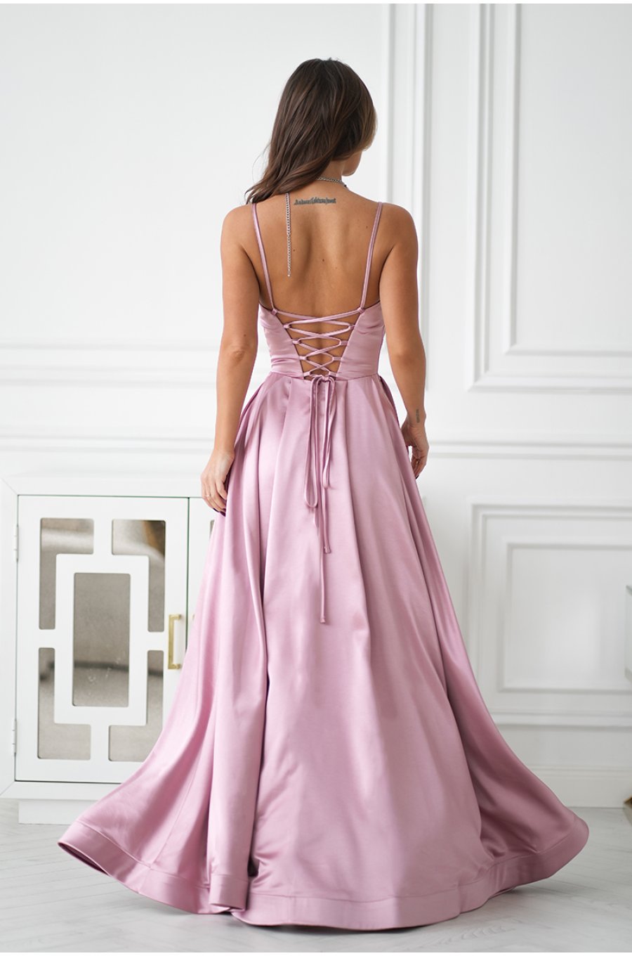 Rochie eleganta lunga satin roz pudra cu bust tip corset vaporoasa Saphira 2 - jojofashion.ro