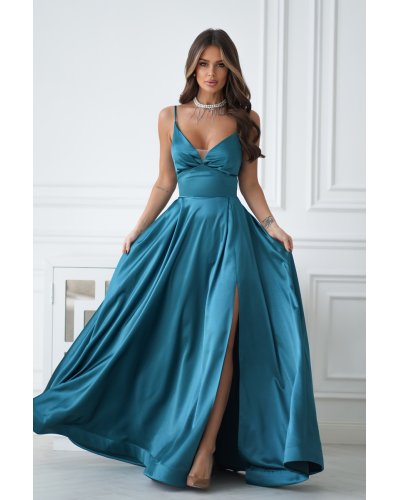 Rochii de Ocazie Elegante, Rochie eleganta lunga satin verde smarald cu bust tip corset vaporoasa Saphira - jojofashion.ro