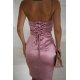 Rochie eleganta scurta satin roz pudra mulata cu umerii goi si trandafir pe bust GlamyLuxe 3 - jojofashion.ro