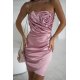 Rochie eleganta scurta satin roz pudra mulata cu umerii goi si trandafir pe bust GlamyLuxe 6 - jojofashion.ro