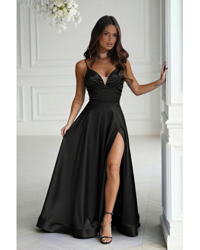 Rochie neagra lunga din satin cu bust tip corset vaporoasa Saphira - jojofashion.ro