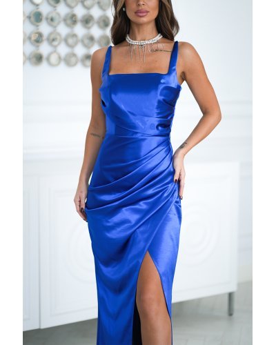 Rochii de nasa, Rochie satin eleganta lunga albastra mulata Maya - jojofashion.ro