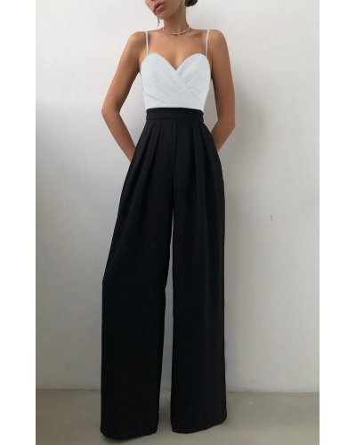 Salopeta eleganta evazata alb negru Kaya Salopete dama, Salopeta eleganta evazata alb negru Kaya - jojofashion.ro
