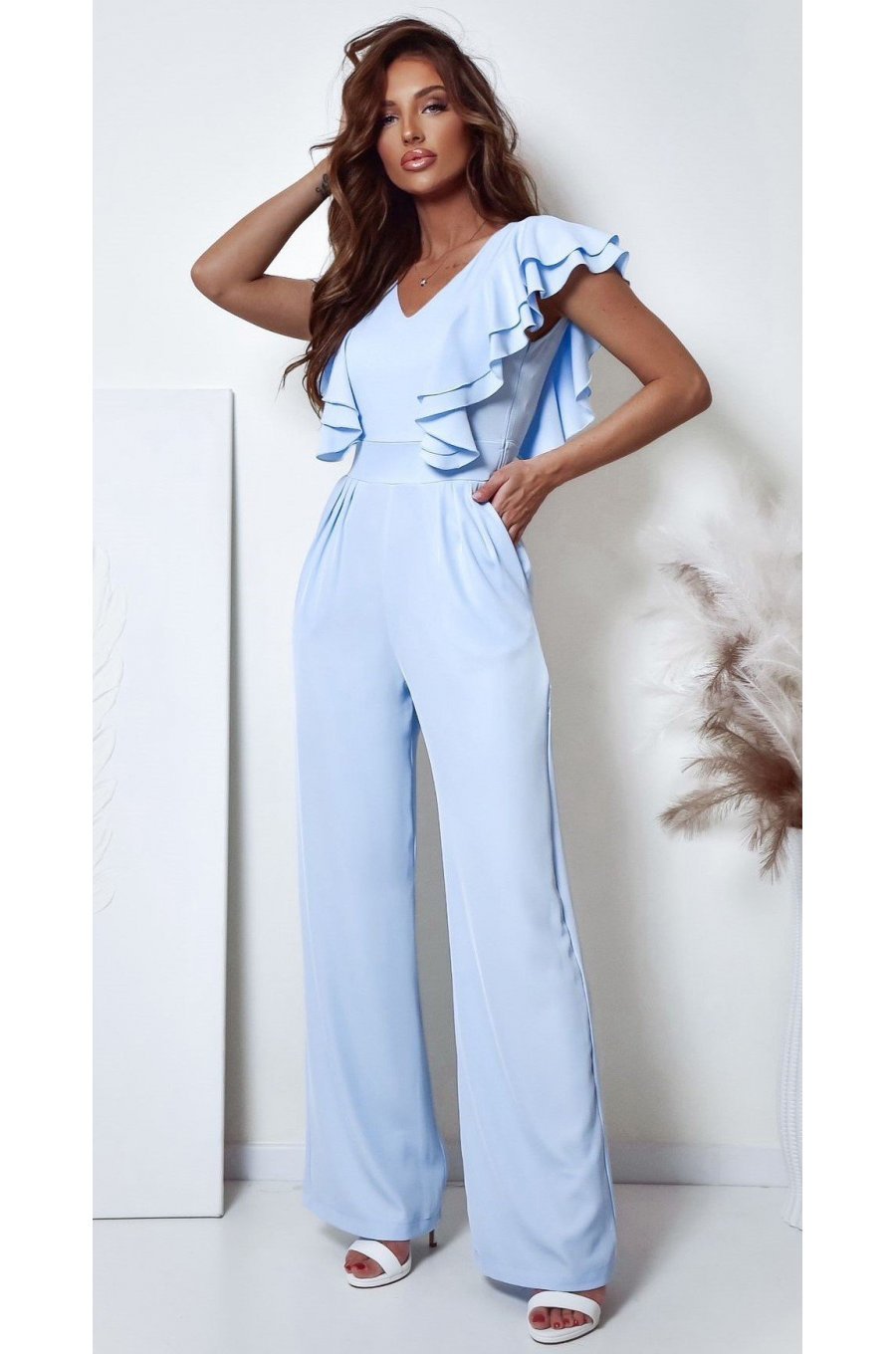 Salopeta dama evazata, eleganta, baby blue, cu volane pe bust, Teresa 1 - jojofashion.ro