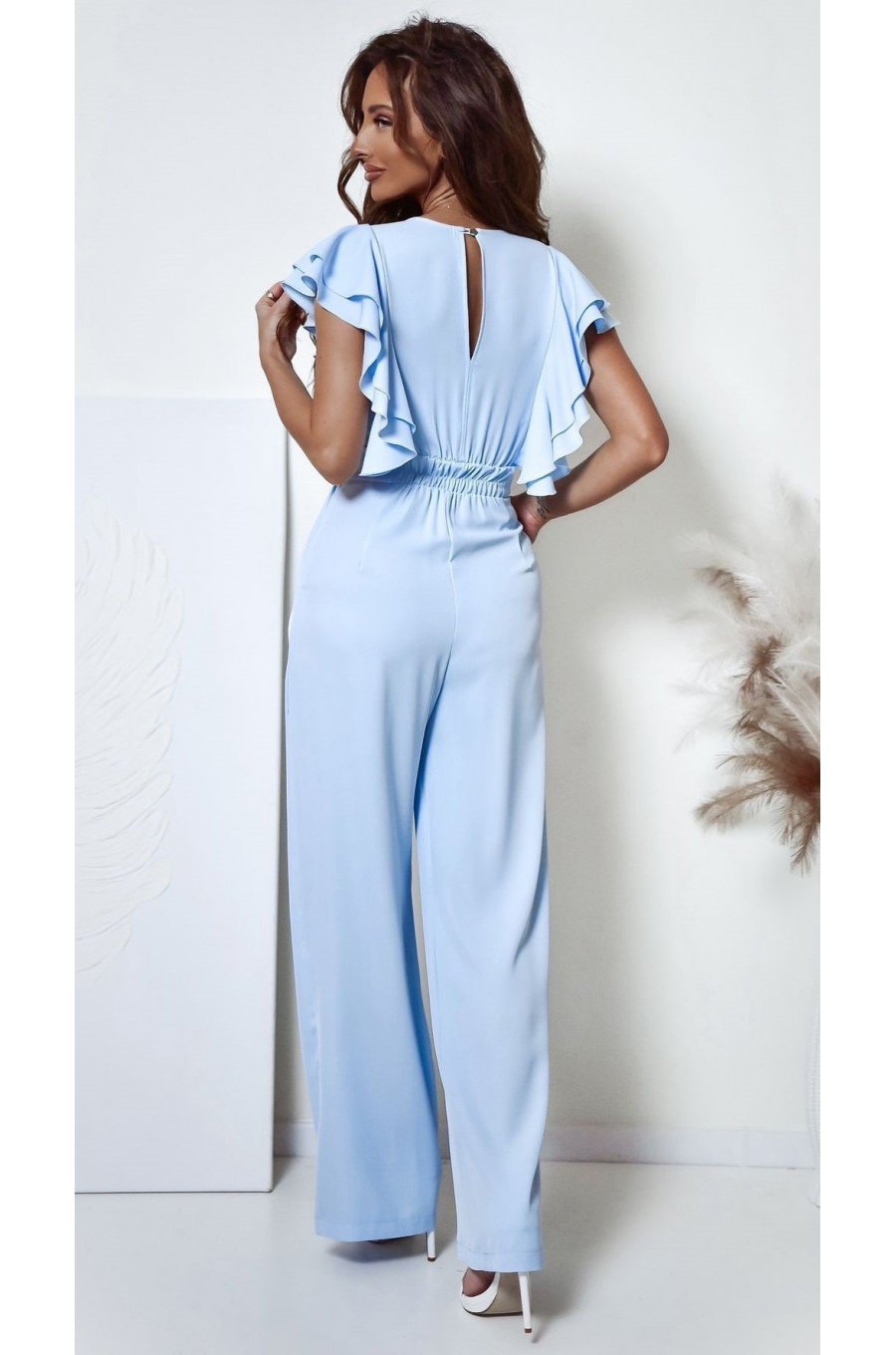 Salopeta dama evazata, eleganta, baby blue, cu volane pe bust, Teresa 2 - jojofashion.ro