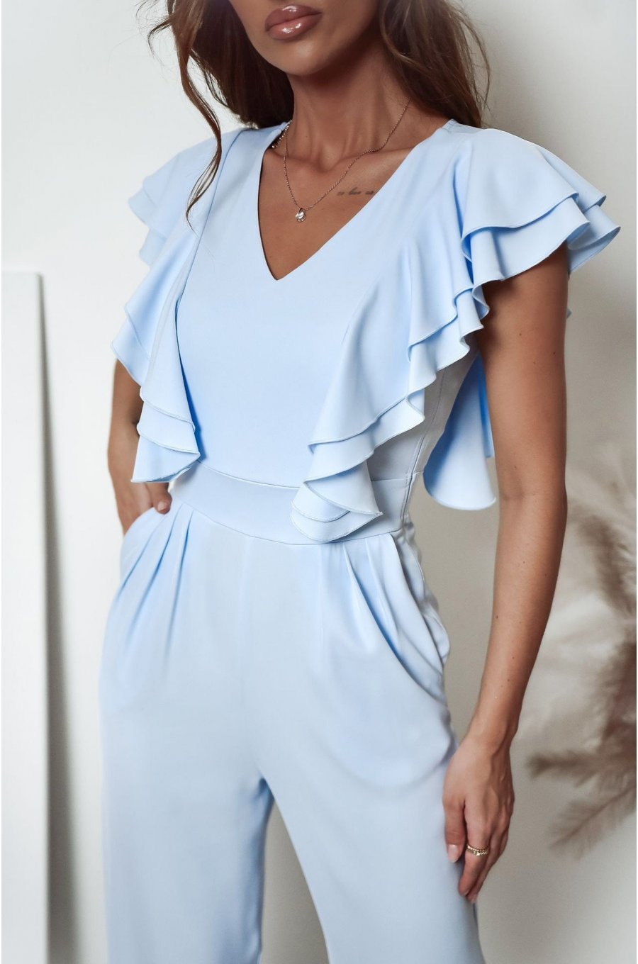 Salopeta dama evazata, eleganta, baby blue, cu volane pe bust, Teresa 3 - jojofashion.ro
