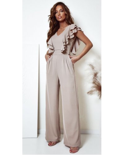 Salopeta dama evazata, eleganta, bej, cu volane pe bust, Teresa - jojofashion.ro
