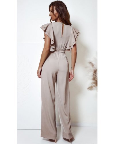 Salopeta dama evazata, eleganta, bej, cu volane pe bust, Teresa - jojofashion.ro