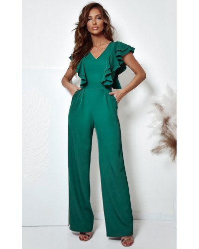 Salopeta dama evazata, eleganta, verde, cu volane pe bust, Teresa - jojofashion.ro