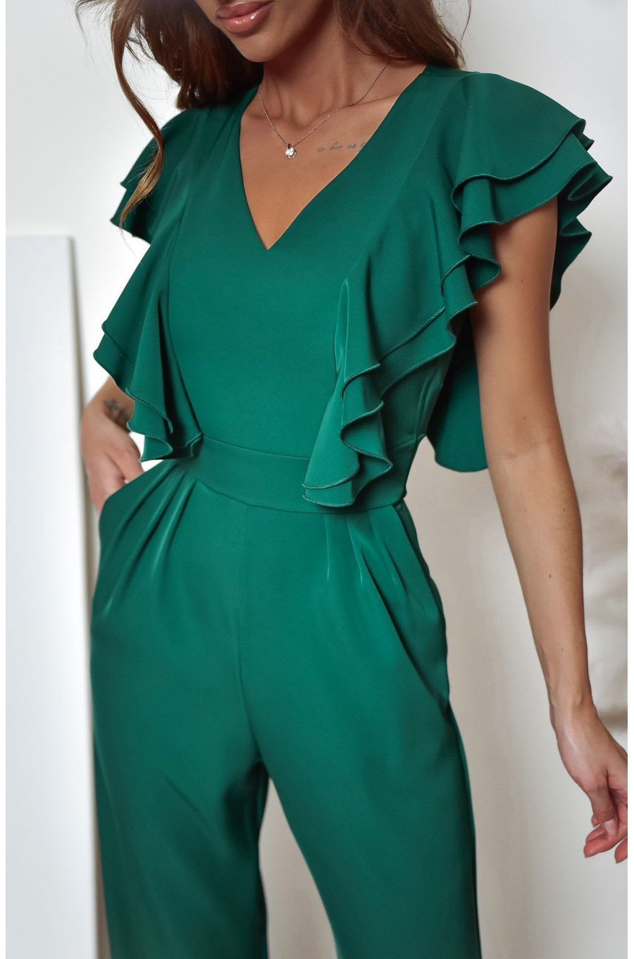 Salopeta dama evazata, eleganta, verde, cu volane pe bust, Teresa 3 - jojofashion.ro