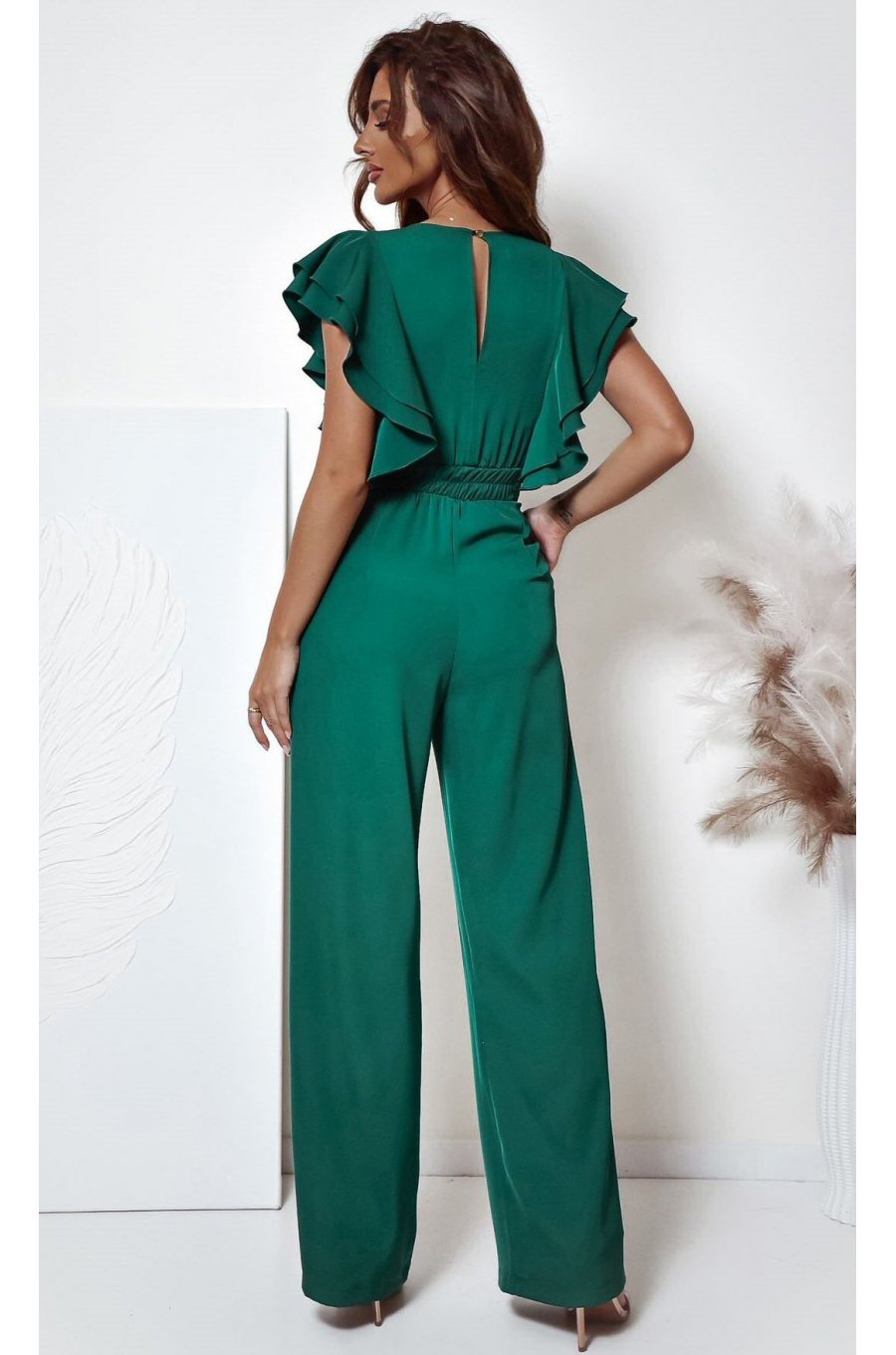 Salopeta dama evazata, eleganta, verde, cu volane pe bust, Teresa 2 - jojofashion.ro
