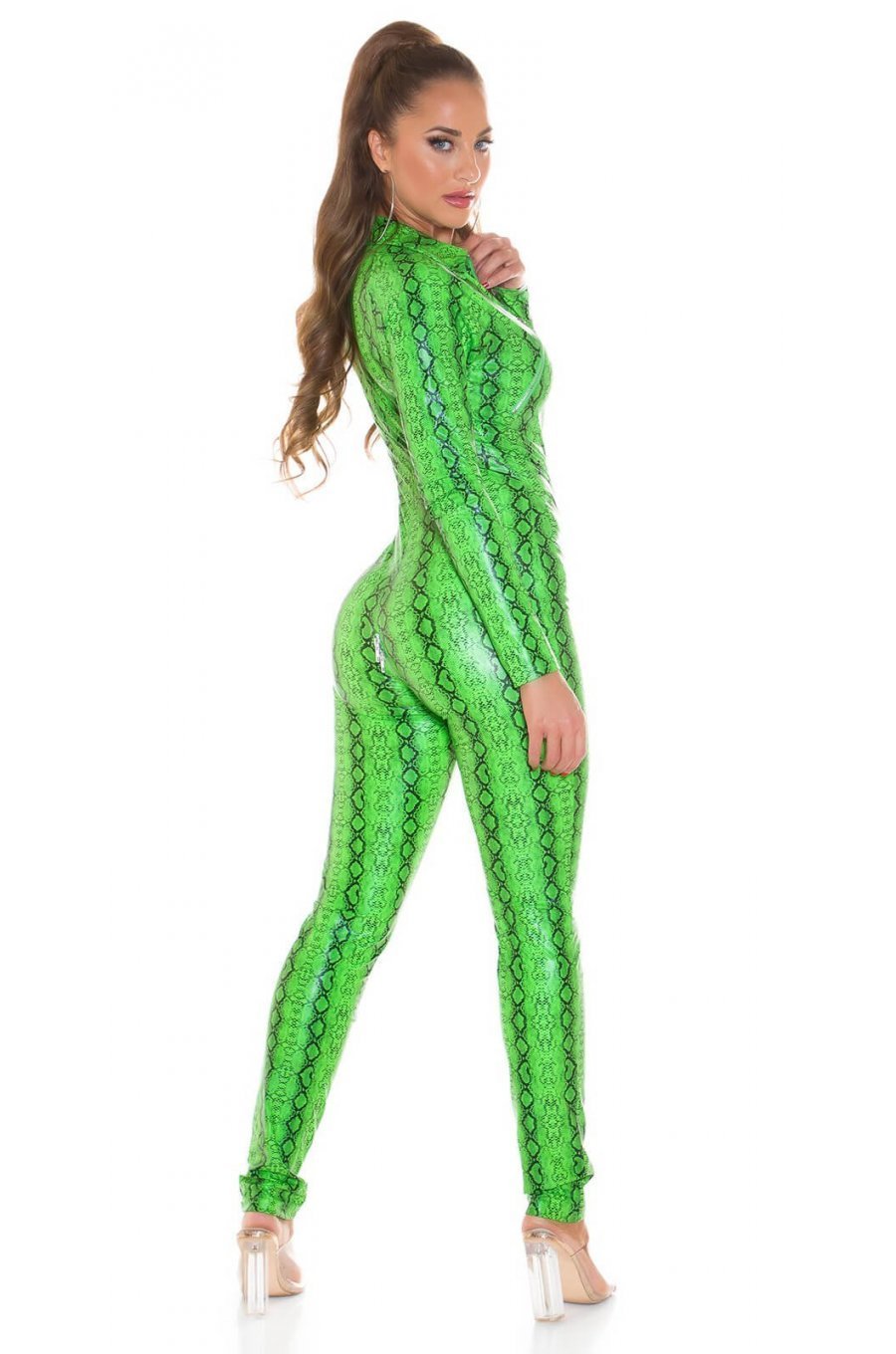 Salopeta snake print verde neon WetLook Ornella 4 - jojofashion.ro