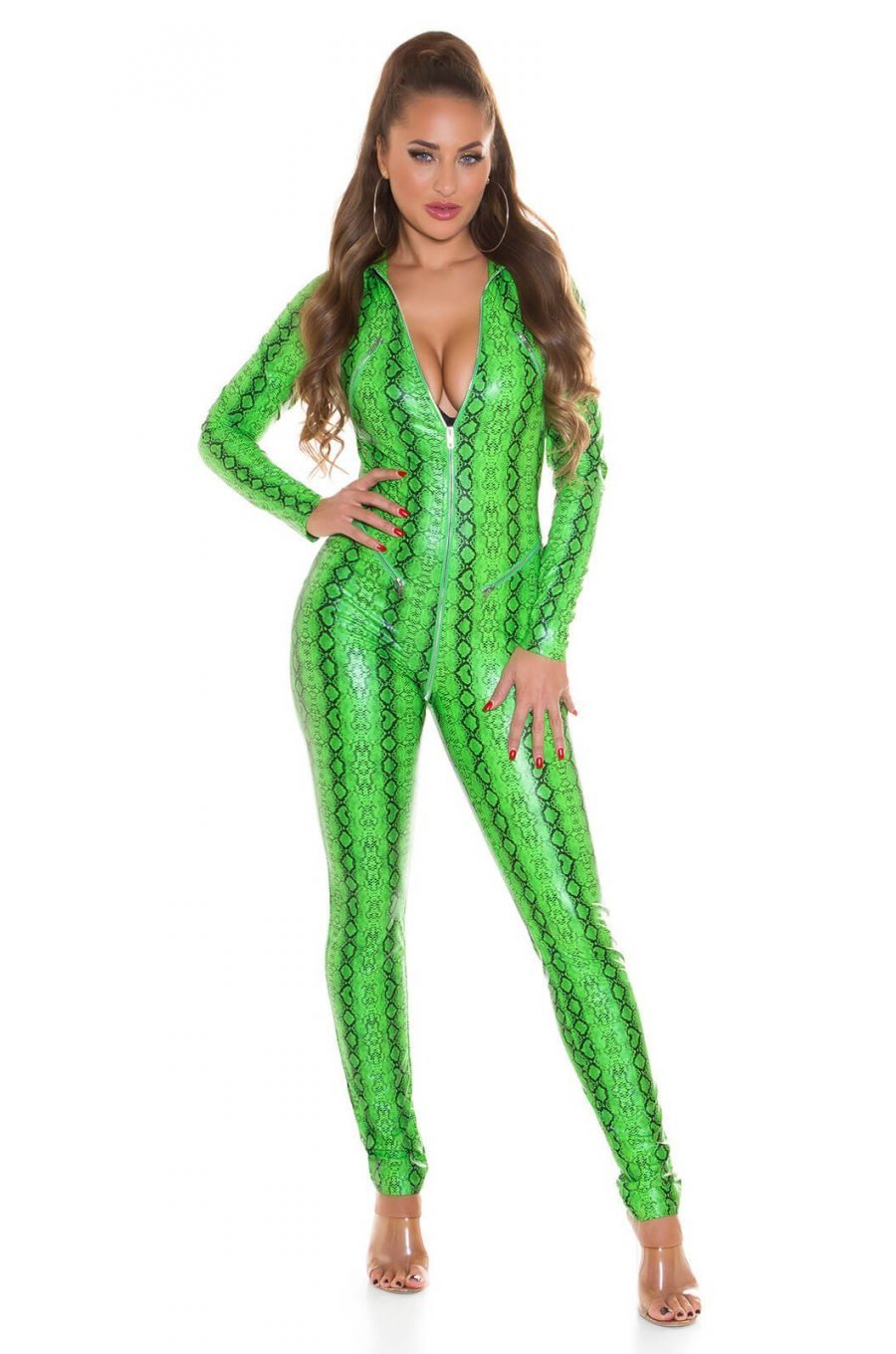 Salopeta snake print verde neon WetLook Ornella 1 - jojofashion.ro