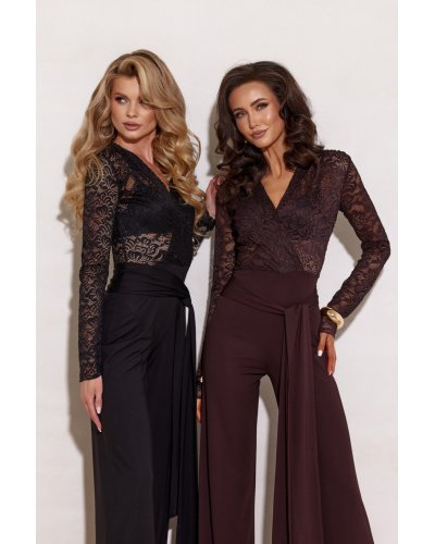 Salopete dama, Salopeta eleganta evazata neagra cu dantela pe bust MyraR - jojofashion.ro