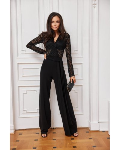 Salopete dama, Salopeta eleganta evazata neagra cu dantela pe bust MyraR - jojofashion.ro
