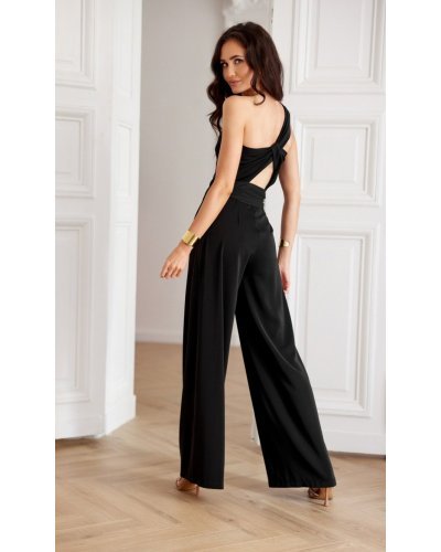 Salopeta eleganta evazata neagra cu un umar gol vaporoasa  Isotta Salopete dama, Salopeta eleganta evazata neagra cu un umar gol vaporoasa  Isotta - jojofashion.ro