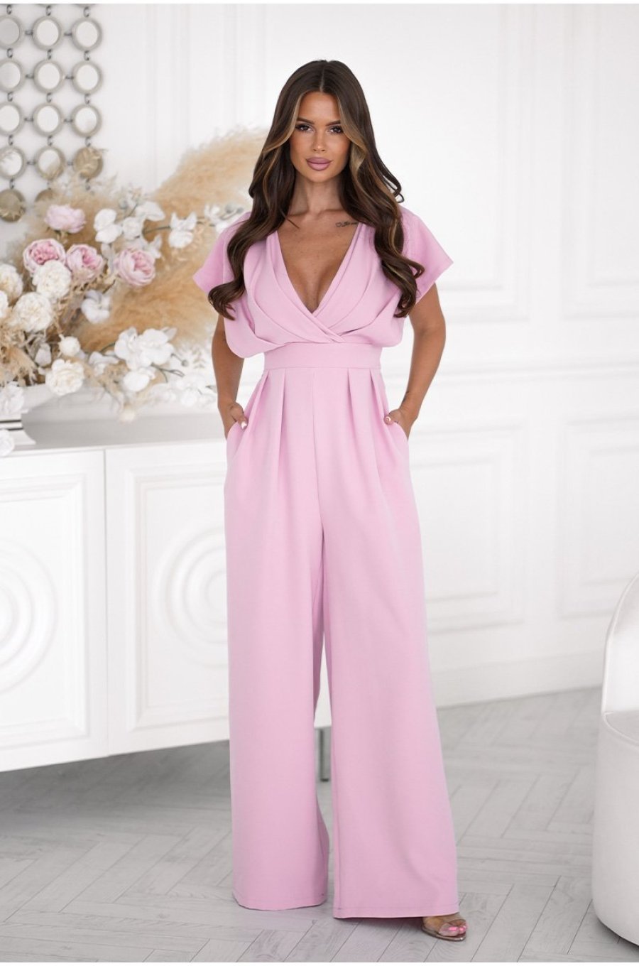 Salopeta eleganta evazata roz pal Ryoko 1 - jojofashion.ro