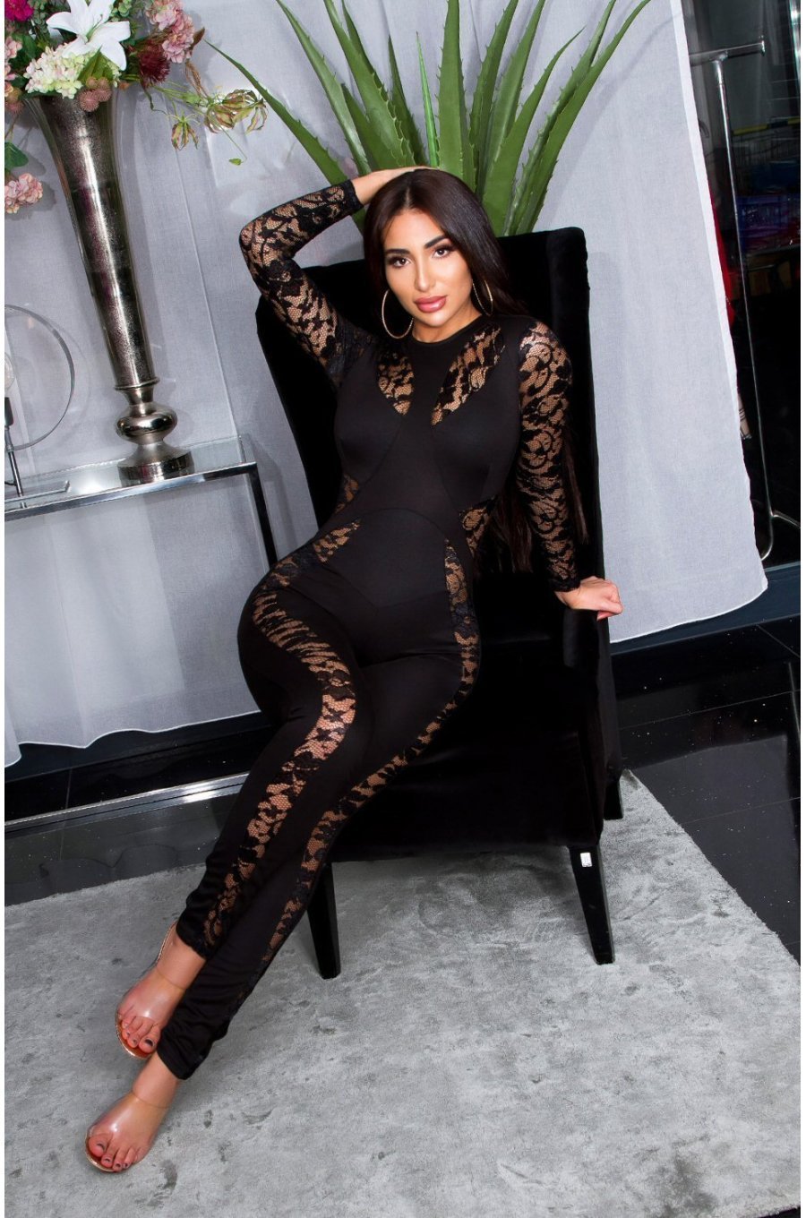 Salopeta dama catsuit mulata, neagra, dantela, cu maneca lunga, Kourtney 3 - jojofashion.ro