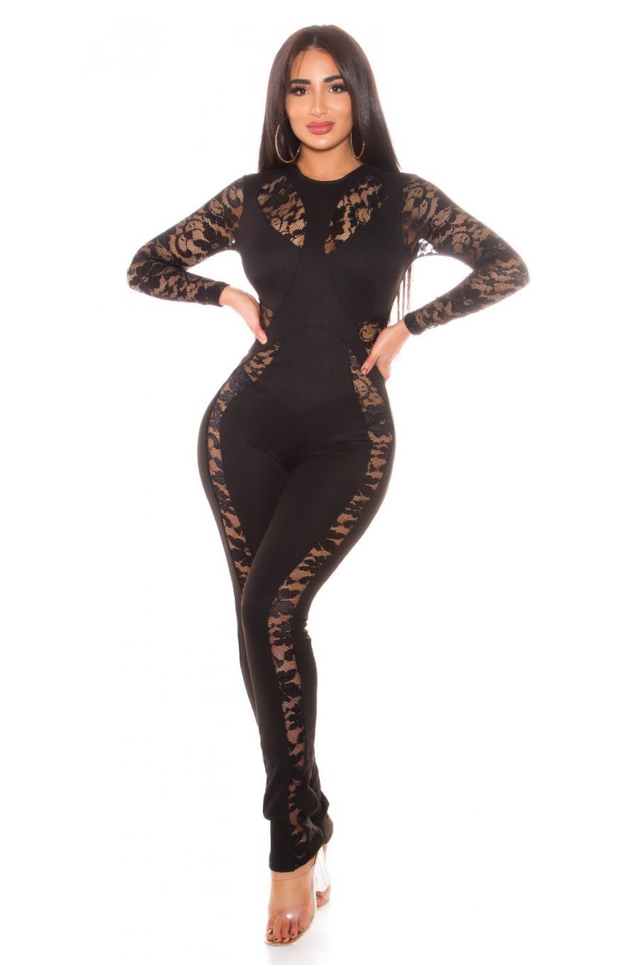 Salopeta dama catsuit mulata, neagra, dantela, cu maneca lunga, Kourtney 4 - jojofashion.ro